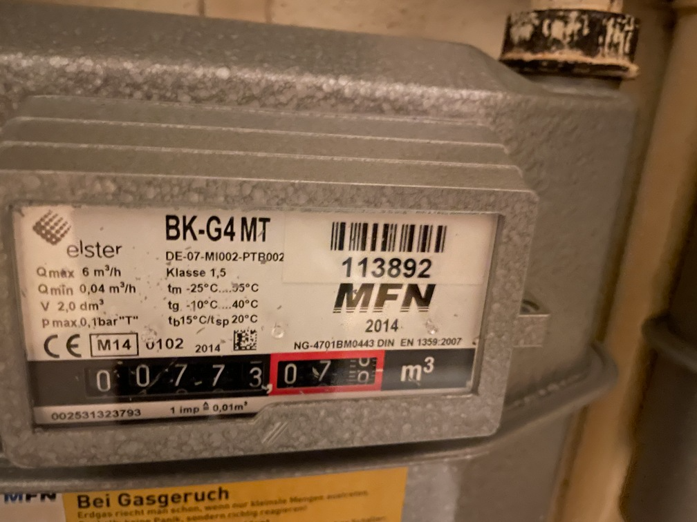 Photo of my gas meter, reading 00773,078 m3